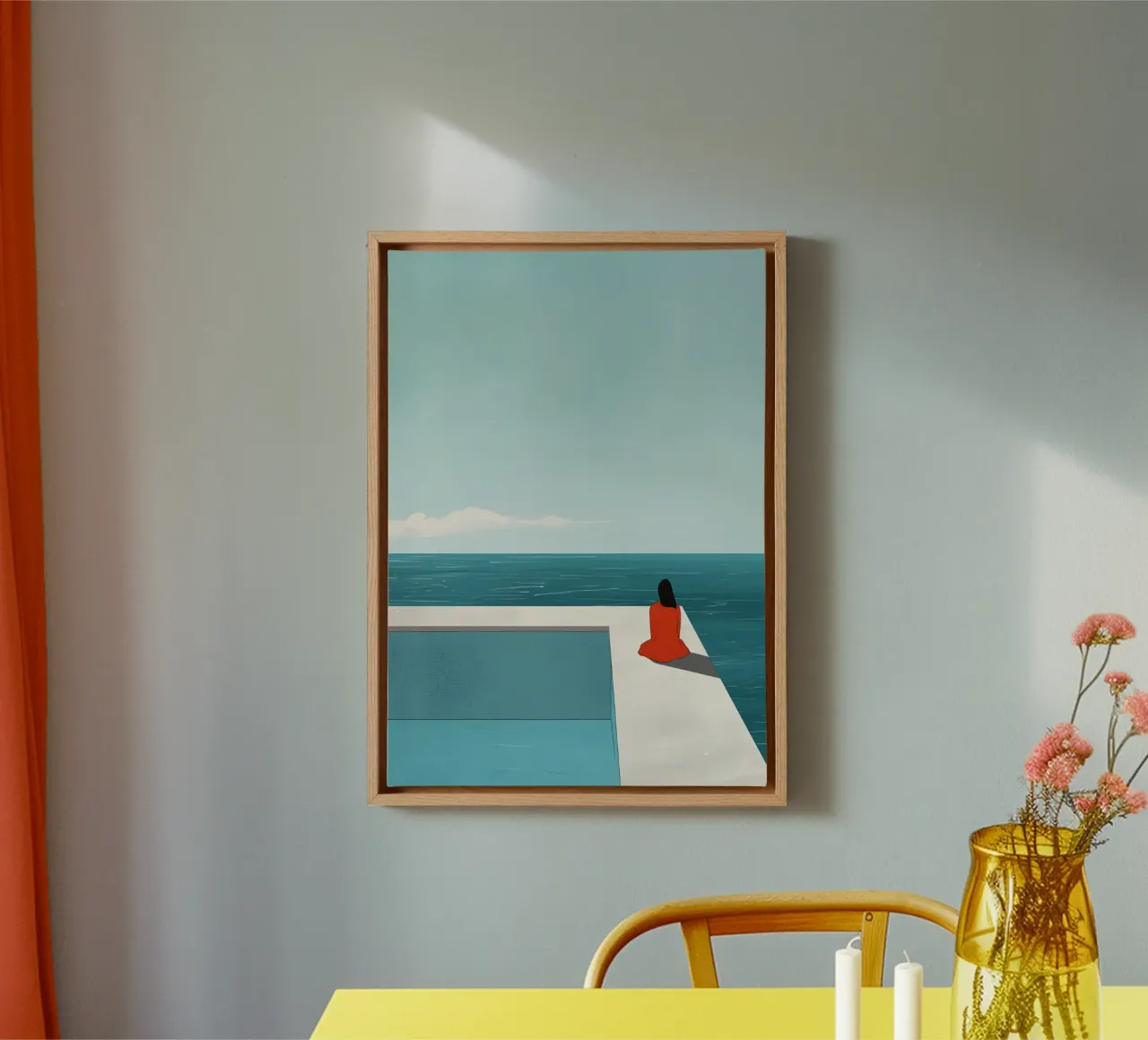 Rode jurk bij het zwembad, serene kustkunst canvas met Baklijst van dawnthesea