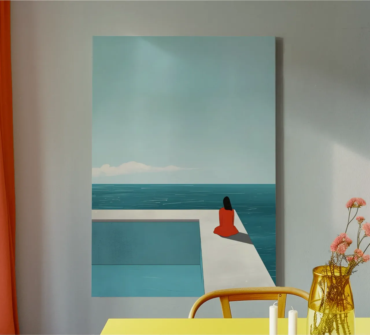 Rode jurk bij het zwembad, serene kustkunst canvas met Baklijst van dawnthesea