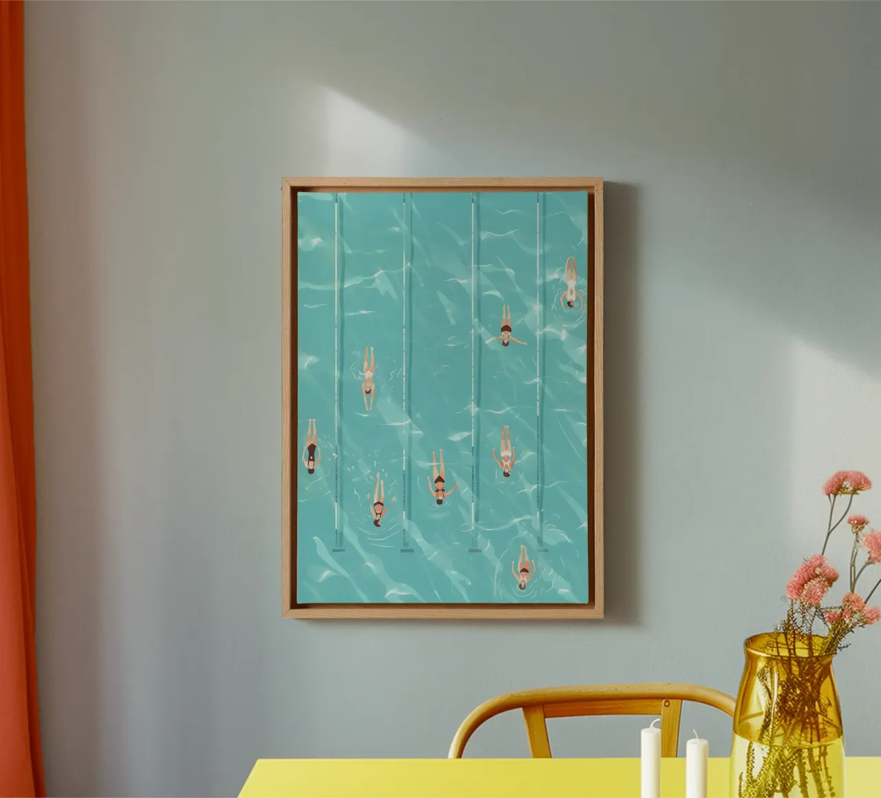 Luftaufnahme von Schwimmern, Abstrakte Pool Kunst Leinwand mit Schattenfugenrahmen von dawnthesea
