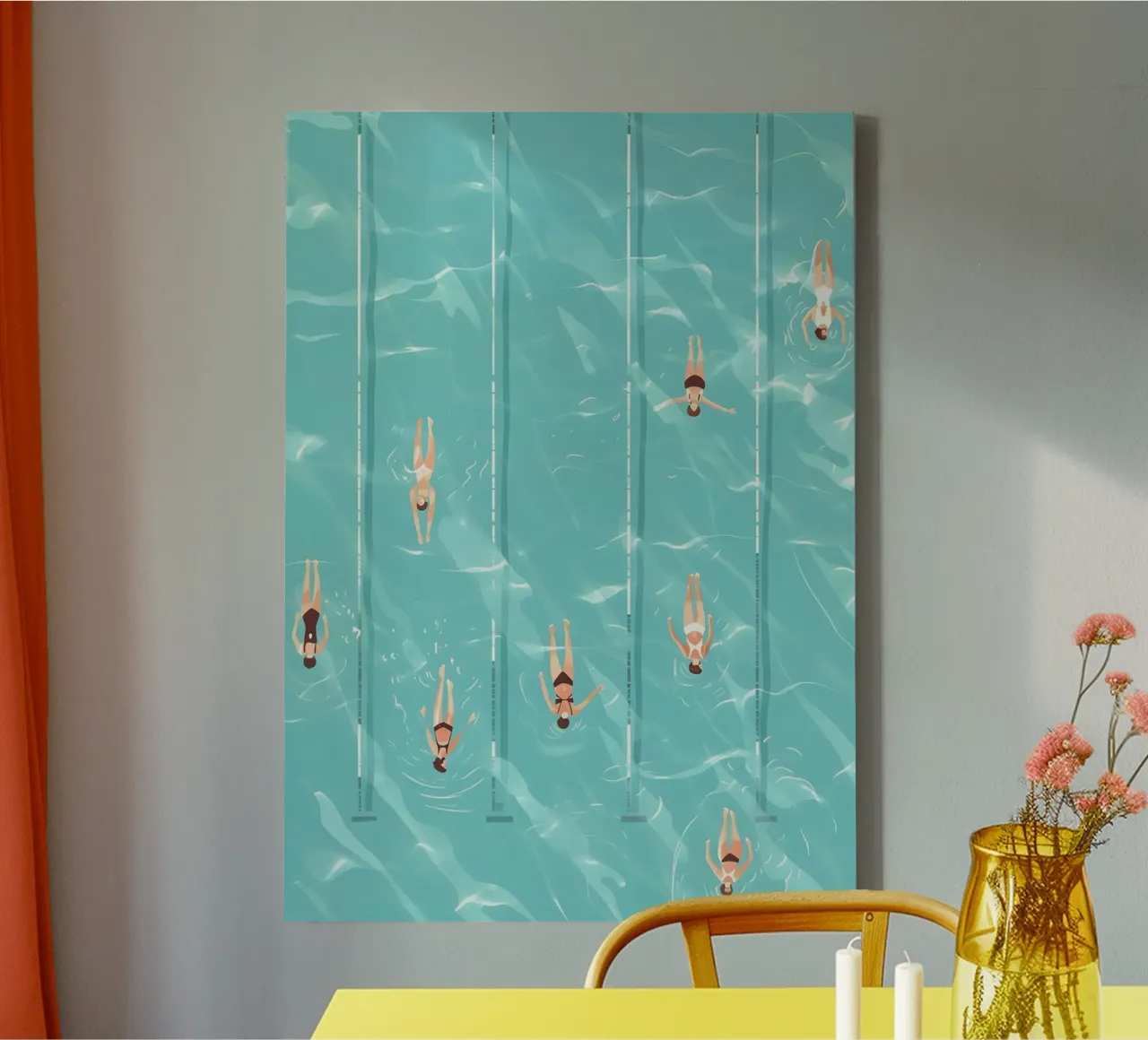 Luftaufnahme von Schwimmern, Abstrakte Pool Kunst Leinwand mit Schattenfugenrahmen von dawnthesea