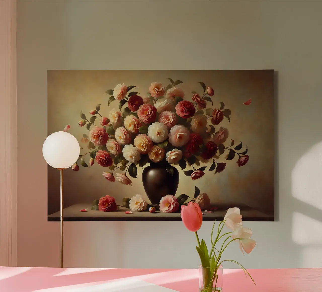 Victoriaans Camelia Boeket canvas met Baklijst van VintageBotanics