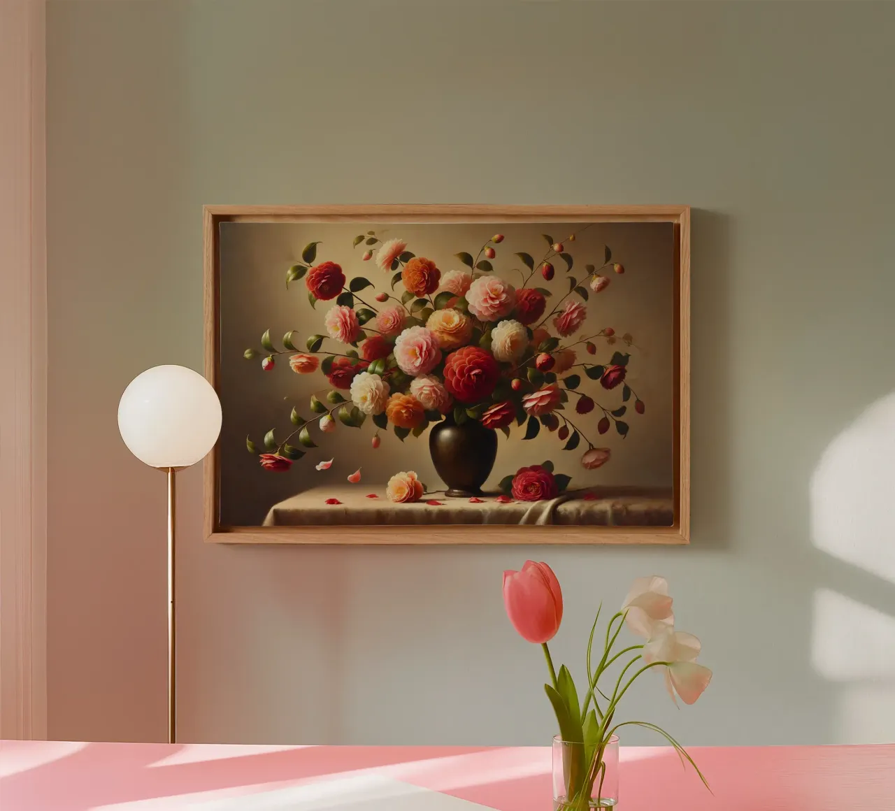 Victoriaans Camelia Boeket canvas met Baklijst van VintageBotanics
