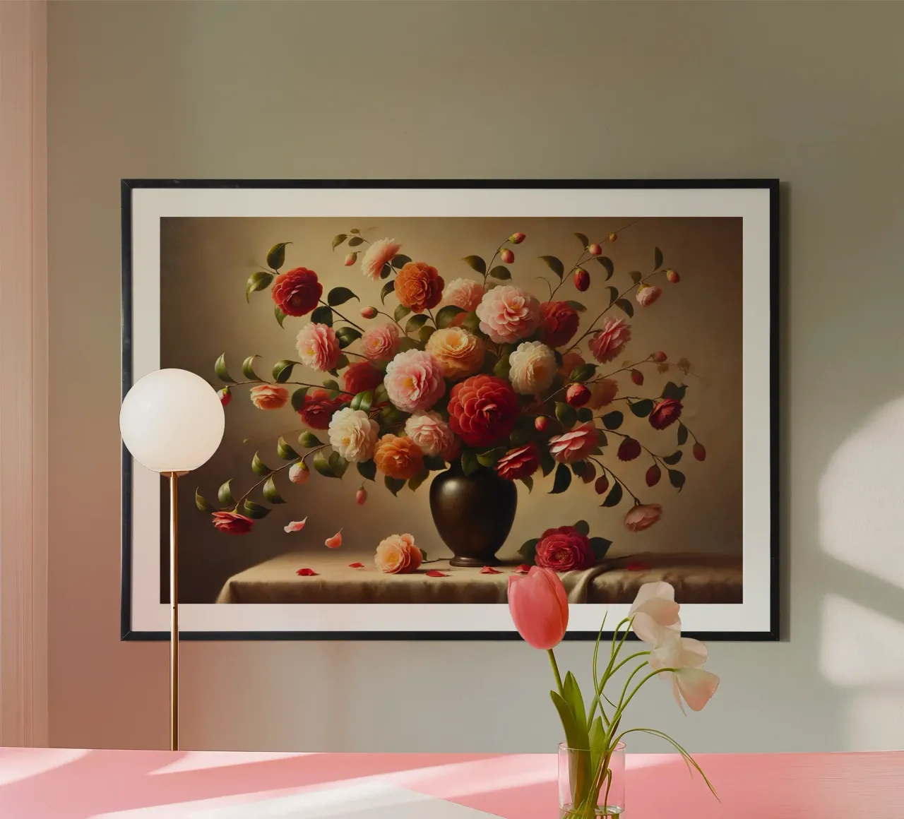 Bouquet di camelie vittoriane poster con telaio in legno da VintageBotanics