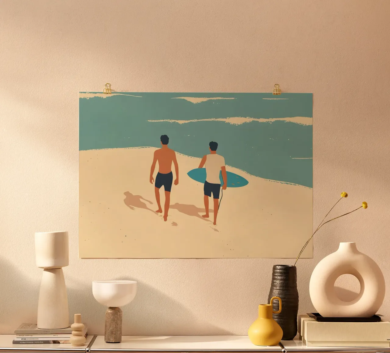 Due surfisti sulla spiaggia, stampa d'arte retro Surf poster da dawnthesea