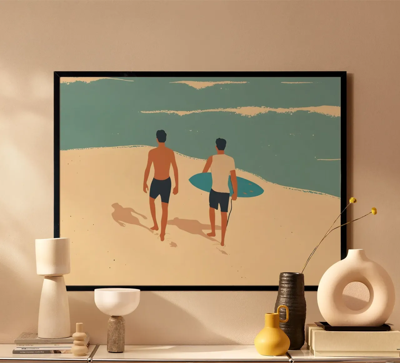 Due surfisti sulla spiaggia, stampa d'arte retro Surf poster da dawnthesea