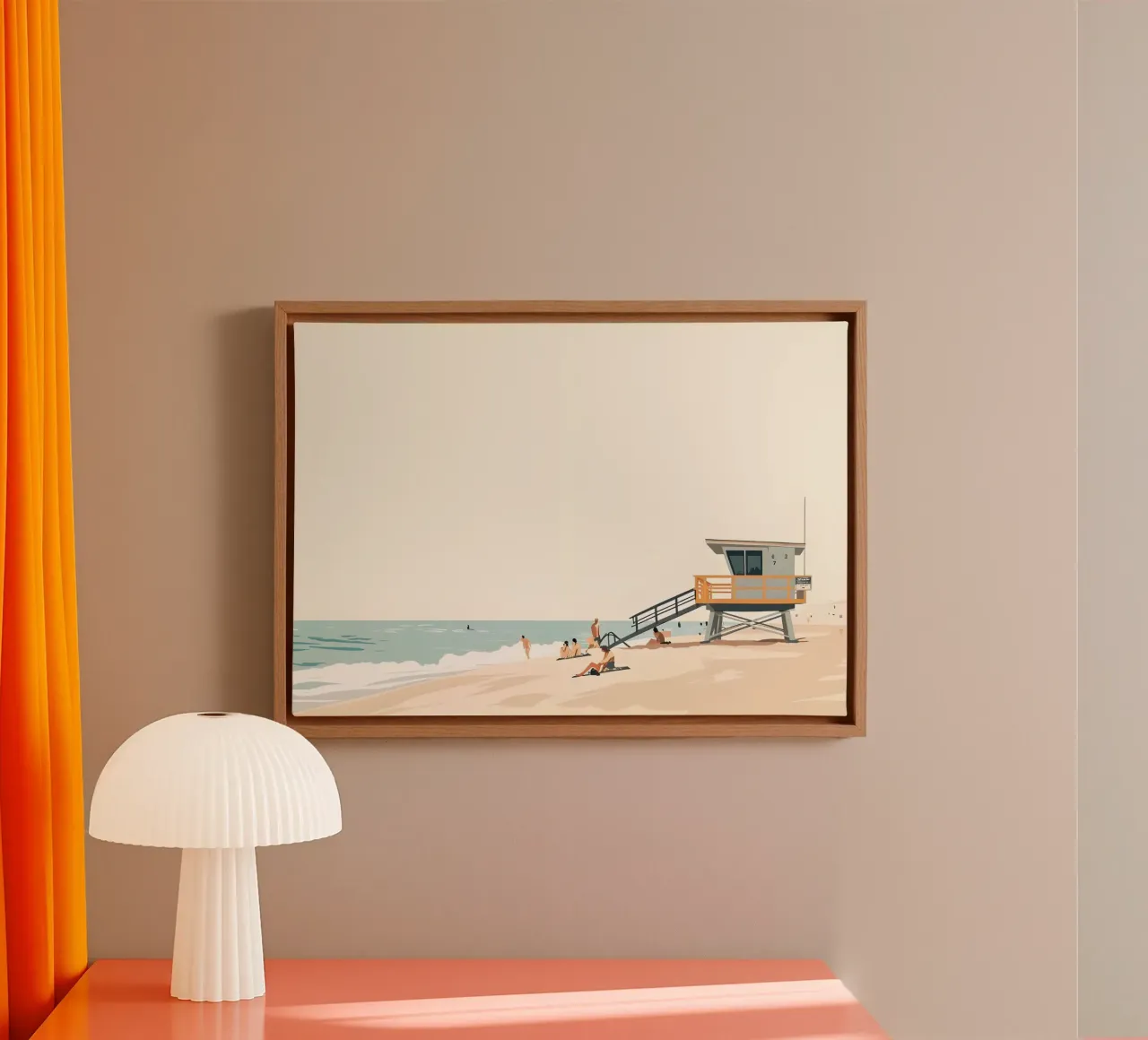 Minimalistischer Rettungsschwimmerturm, Sommerstrand Leinwand mit Schattenfugenrahmen von dawnthesea