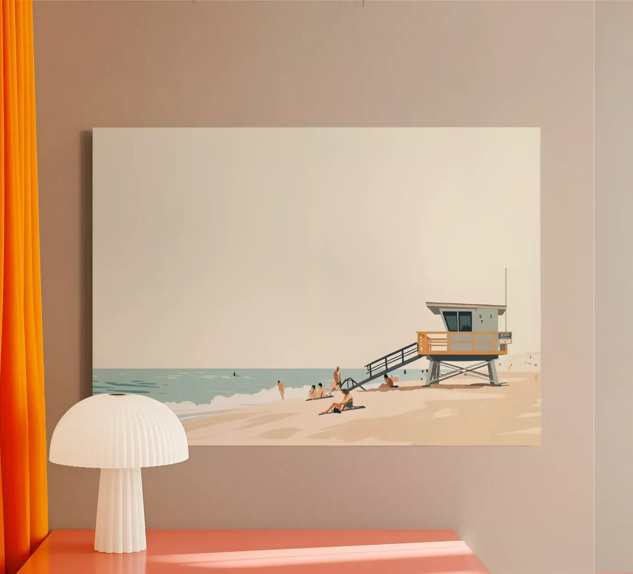 Minimalistischer Rettungsschwimmerturm, Sommerstrand Leinwand mit Schattenfugenrahmen von dawnthesea
