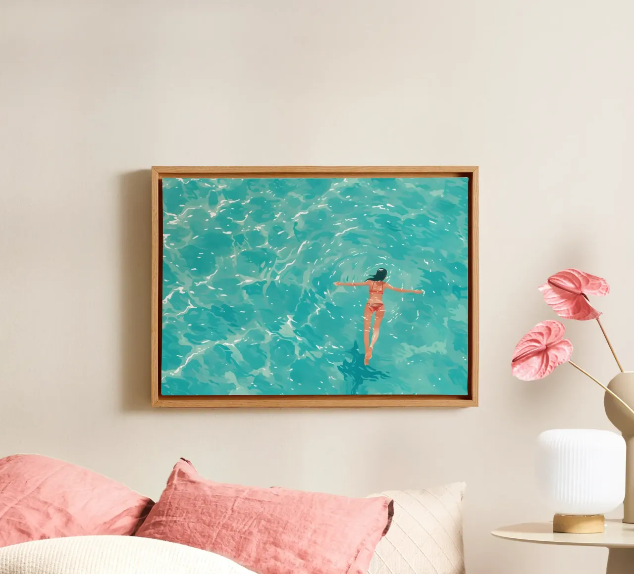Drijvend in de zee, serene oceaan kunst canvas met Baklijst van dawnthesea
