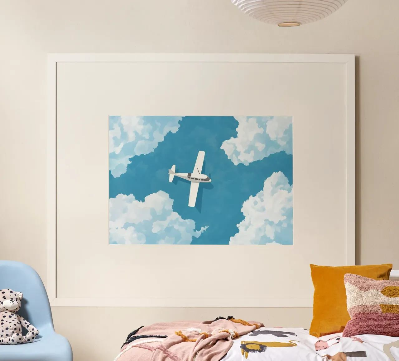 Aereo bianco in volo, arte del viaggio aereo poster con telaio in plastica da dawnthesea