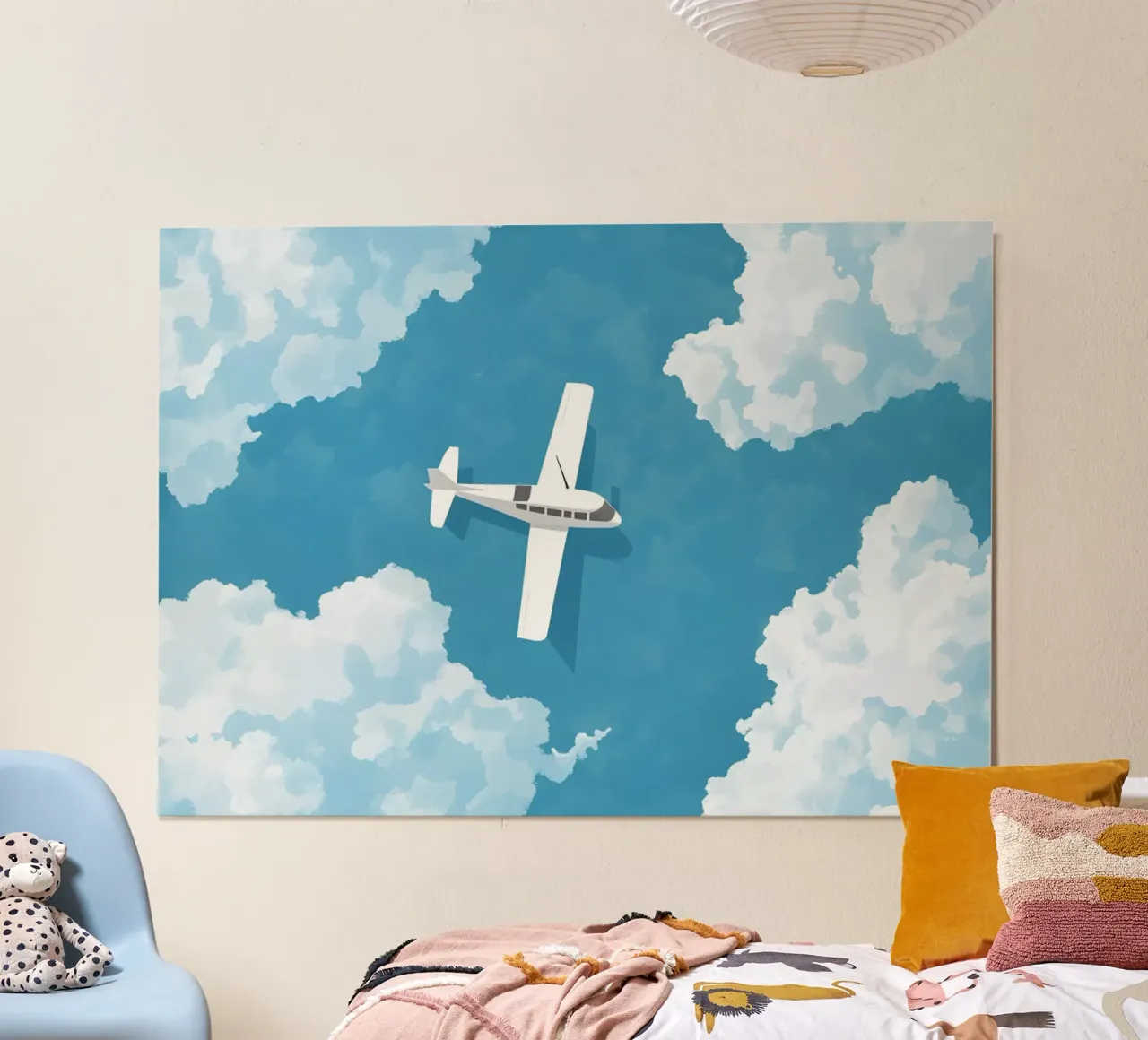 Aereo bianco in volo, arte del viaggio aereo poster con telaio in plastica da dawnthesea