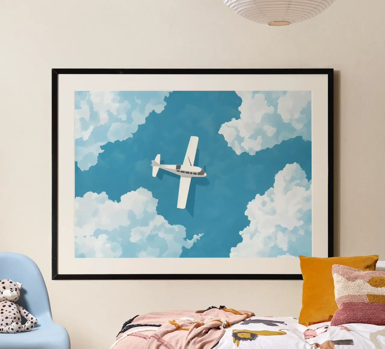 Aereo bianco in volo, arte del viaggio aereo poster con telaio in plastica da dawnthesea