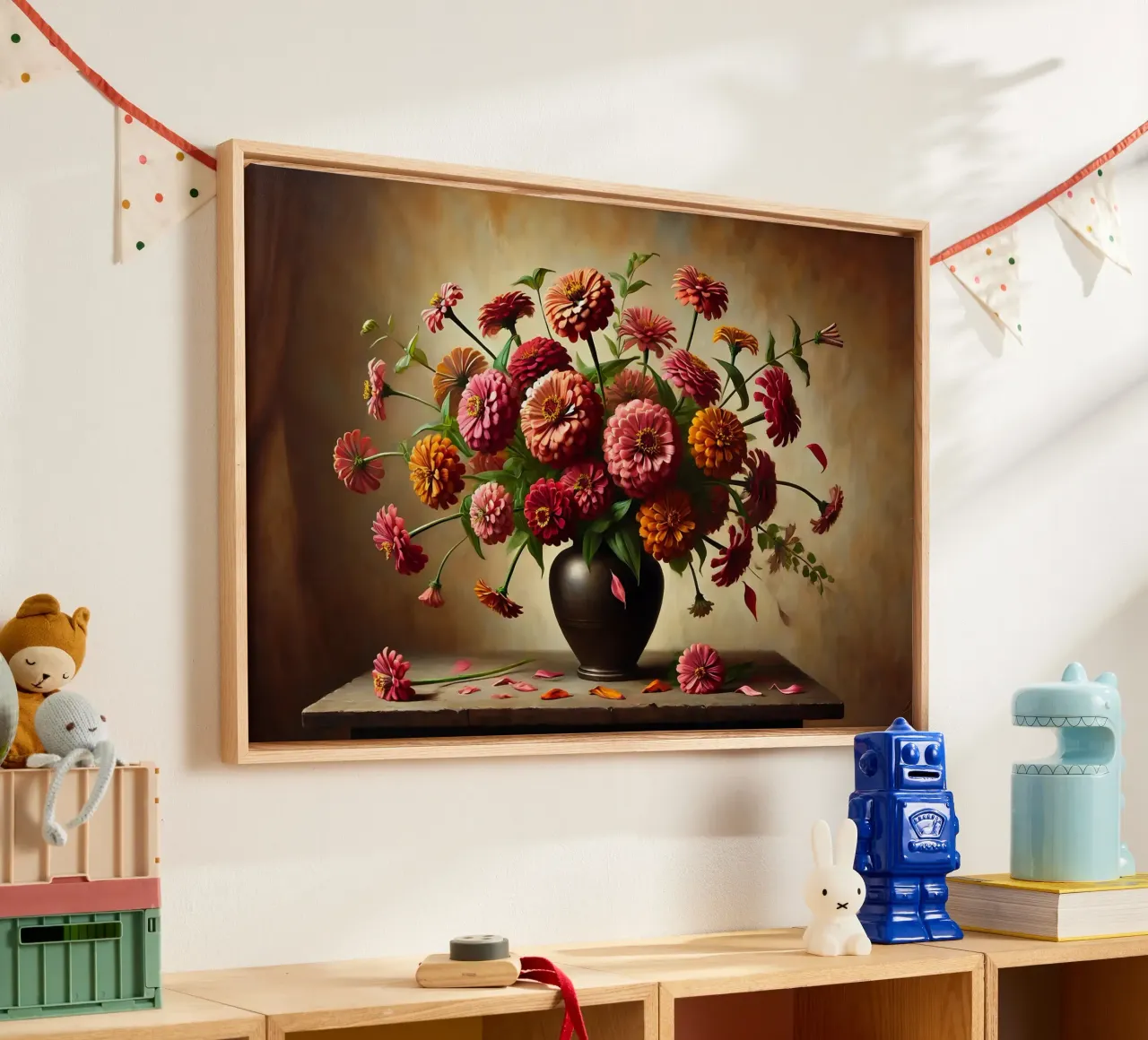 Bouquet di zinnie vintage tela con Cornice a cassetta da VintageBotanics