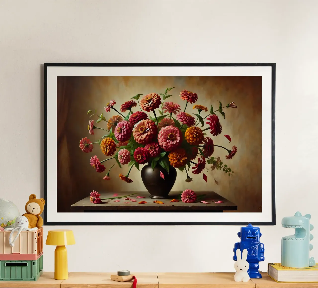 Bouquet di zinnie vintage poster con telaio in alluminio da VintageBotanics