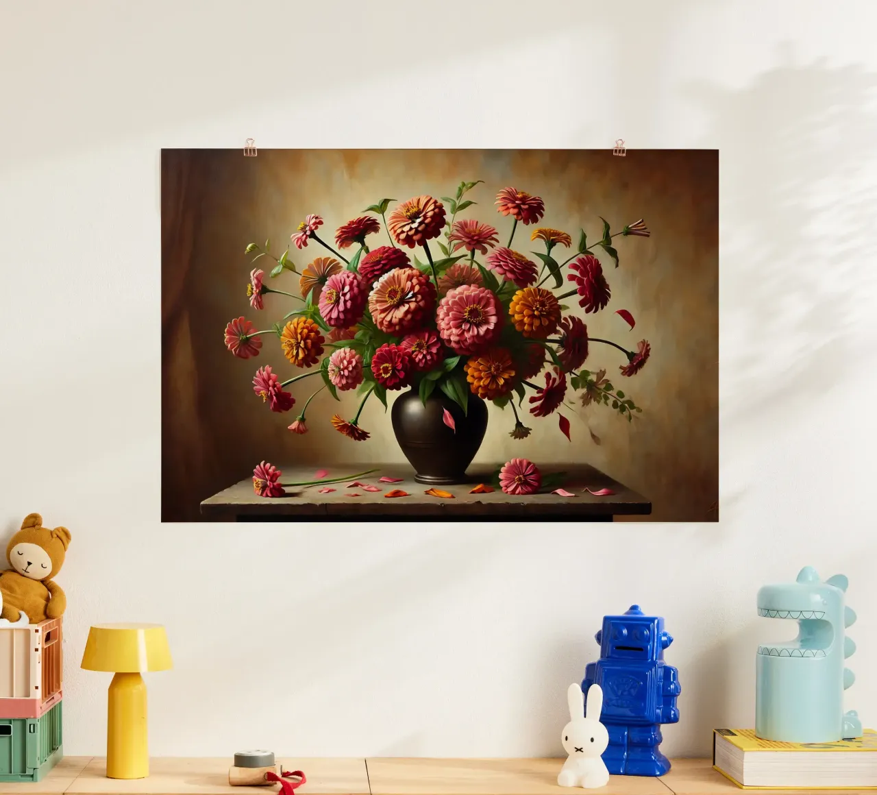 Bouquet di zinnie vintage poster con telaio in alluminio da VintageBotanics