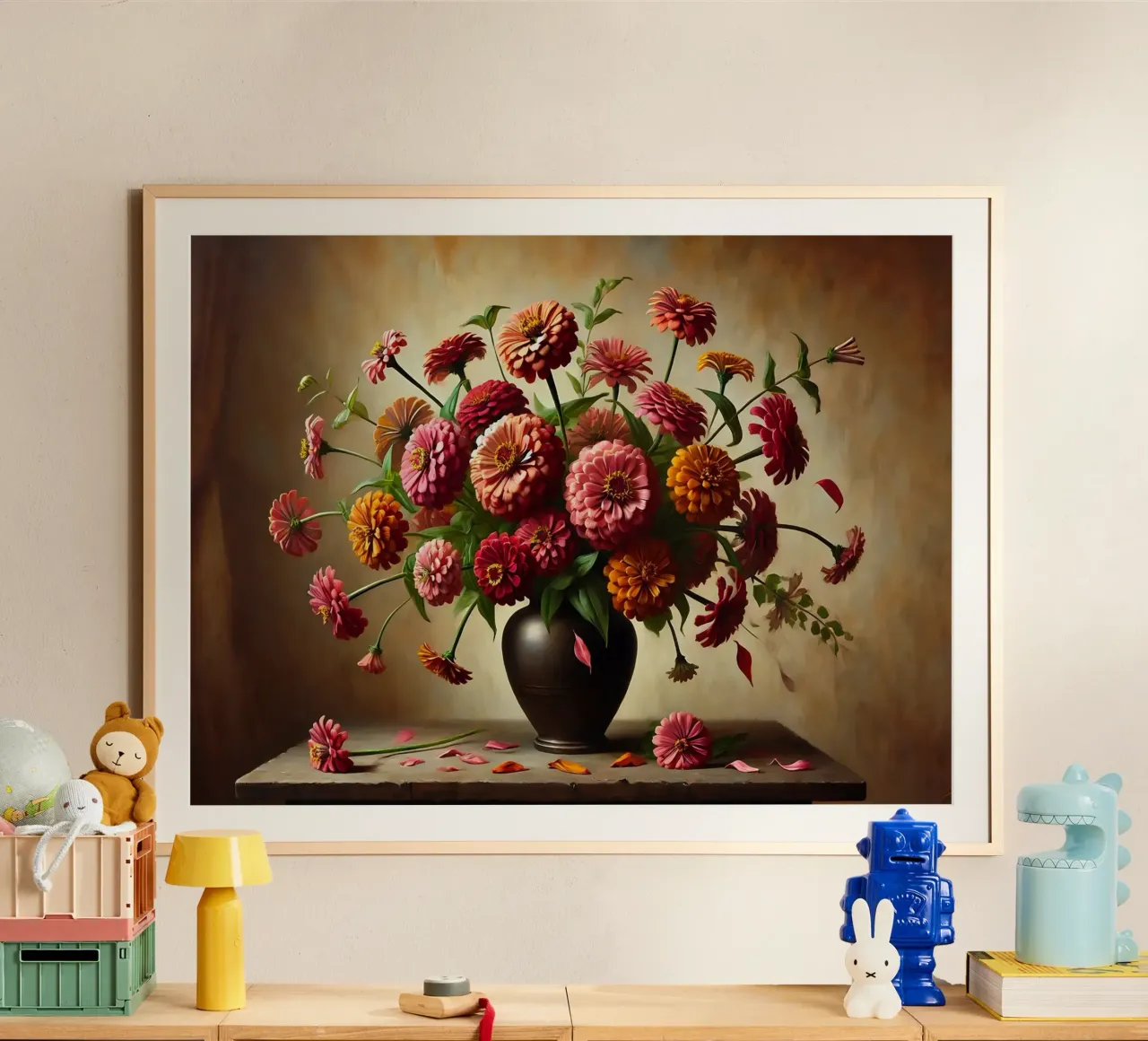 Bouquet di zinnie vintage poster con telaio in alluminio da VintageBotanics