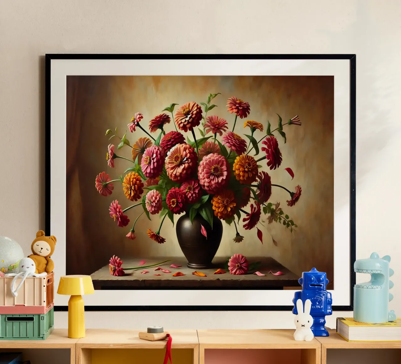 Bouquet di zinnie vintage poster con telaio in alluminio da VintageBotanics