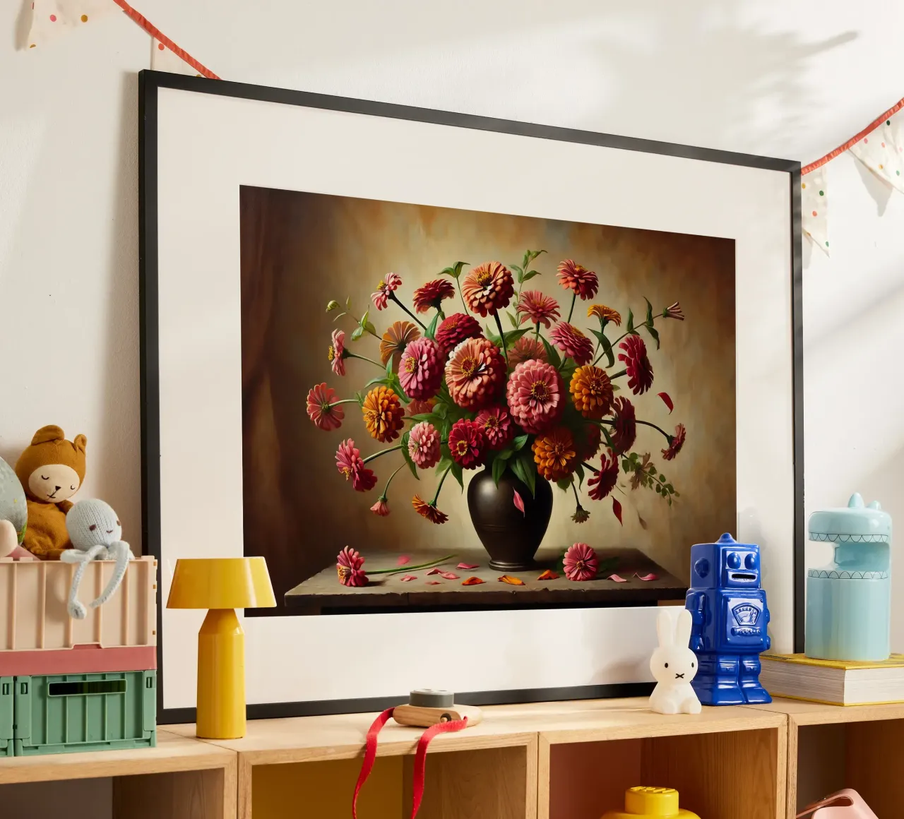 Bouquet di zinnie vintage poster con telaio in alluminio da VintageBotanics
