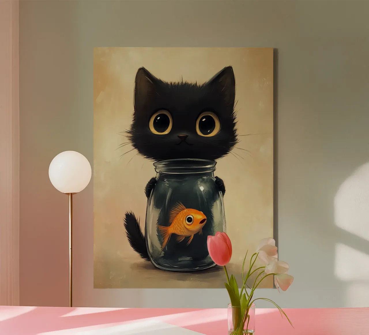 Die neugierige Katze und der Goldfisch Leinwand mit Schattenfugenrahmen von Arjun