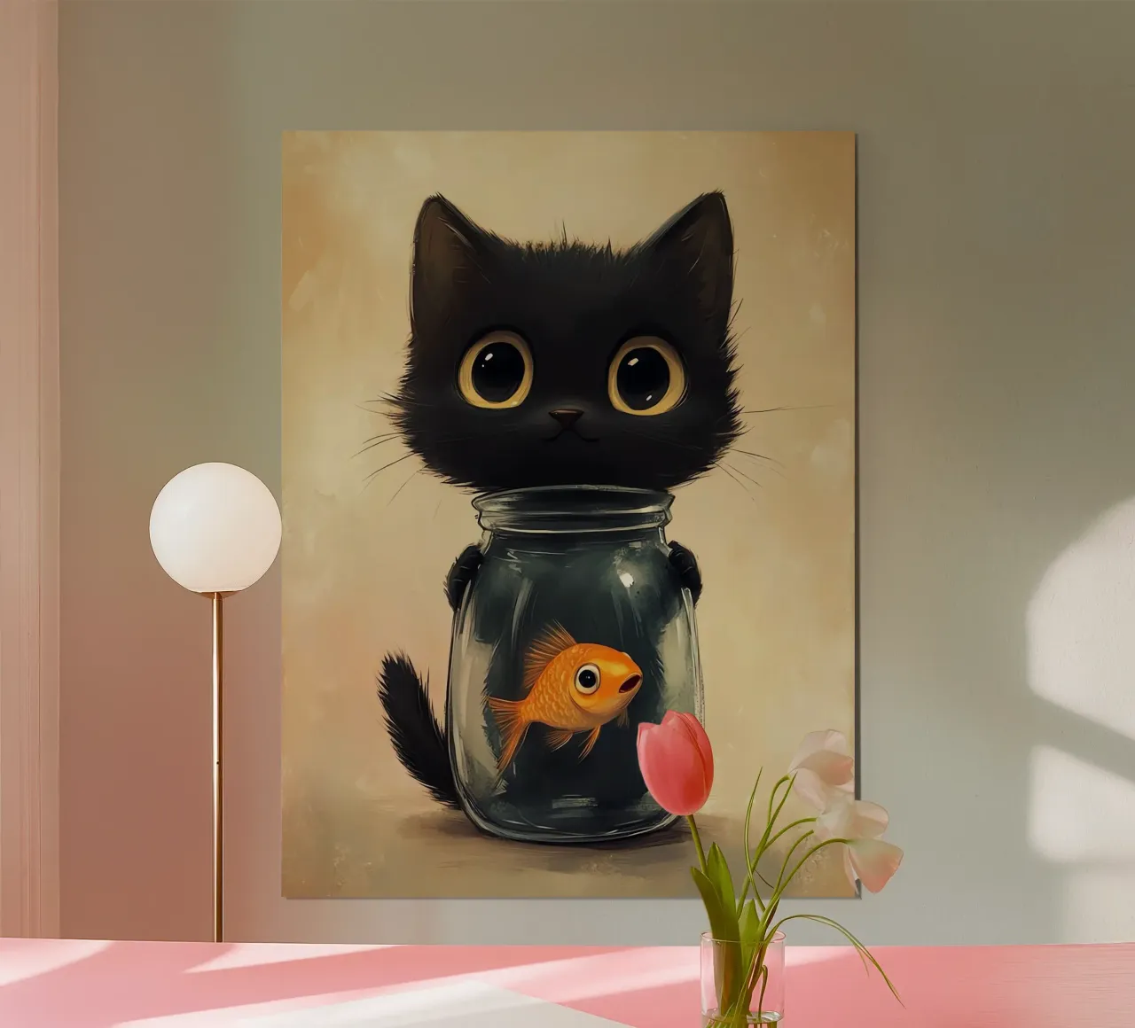 Il gatto curioso e il pesce rosso poster con telaio in plastica da Arjun