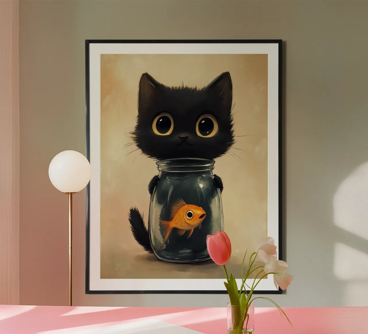 Il gatto curioso e il pesce rosso poster con telaio in plastica da Arjun