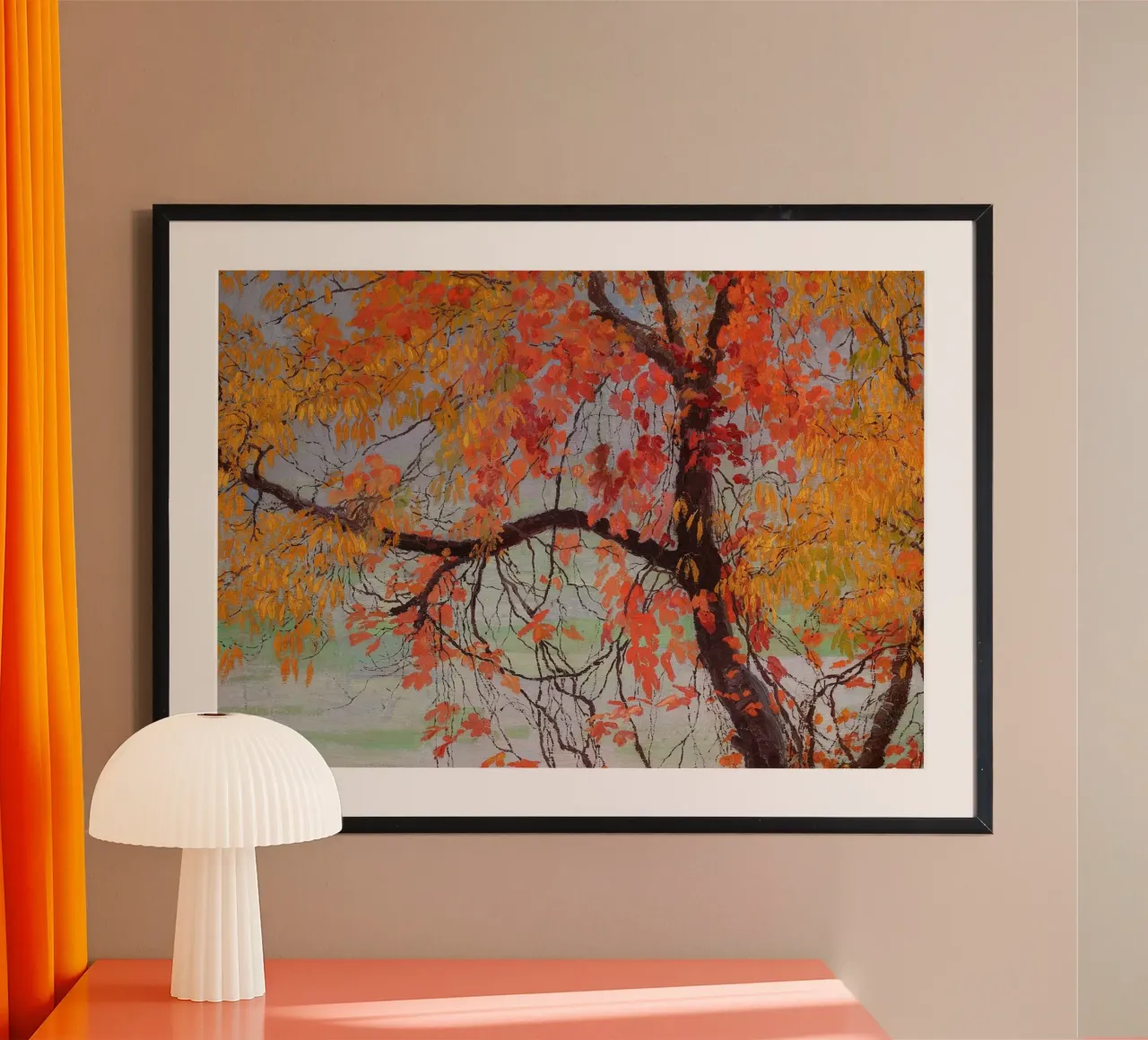 Albero d'autunno vibrante dipinto - Paesaggio d'arte vintage poster con telaio in alluminio da vintagepod