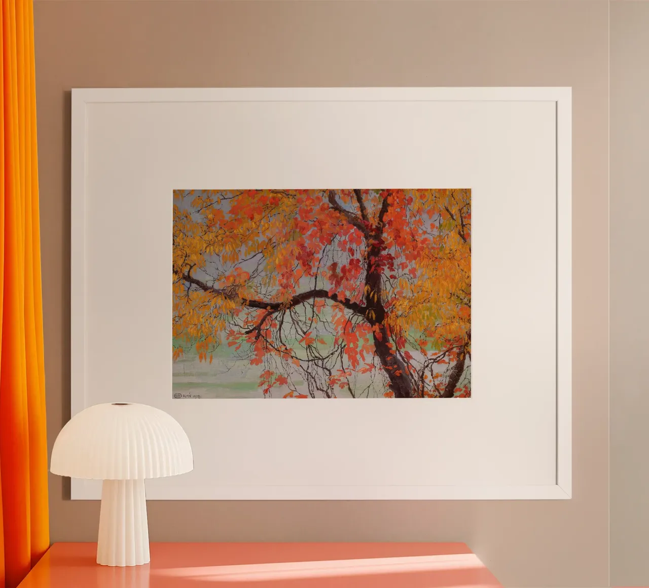Albero d'autunno vibrante dipinto - Paesaggio d'arte vintage poster con telaio in alluminio da vintagepod