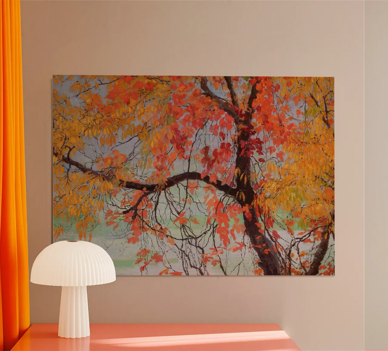 Albero d'autunno vibrante dipinto - Paesaggio d'arte vintage poster con telaio in alluminio da vintagepod