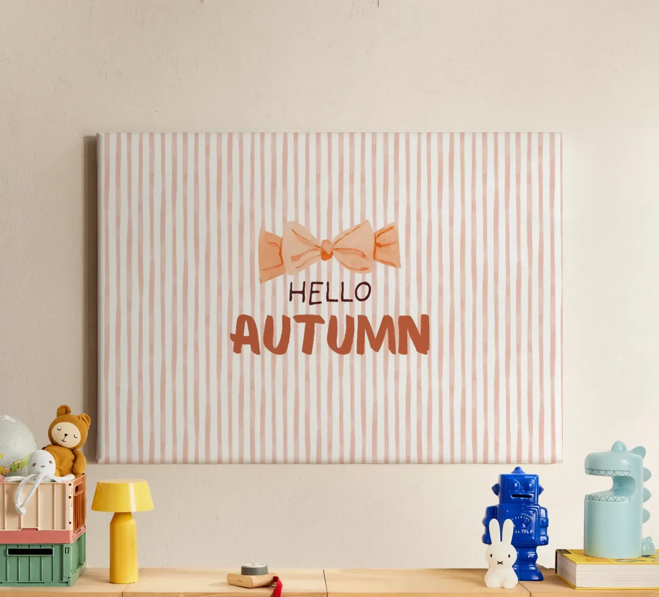 "Poster acquerellato a strisce rosa "Hello Autumn tela con Cornice a cassetta da vintagepod