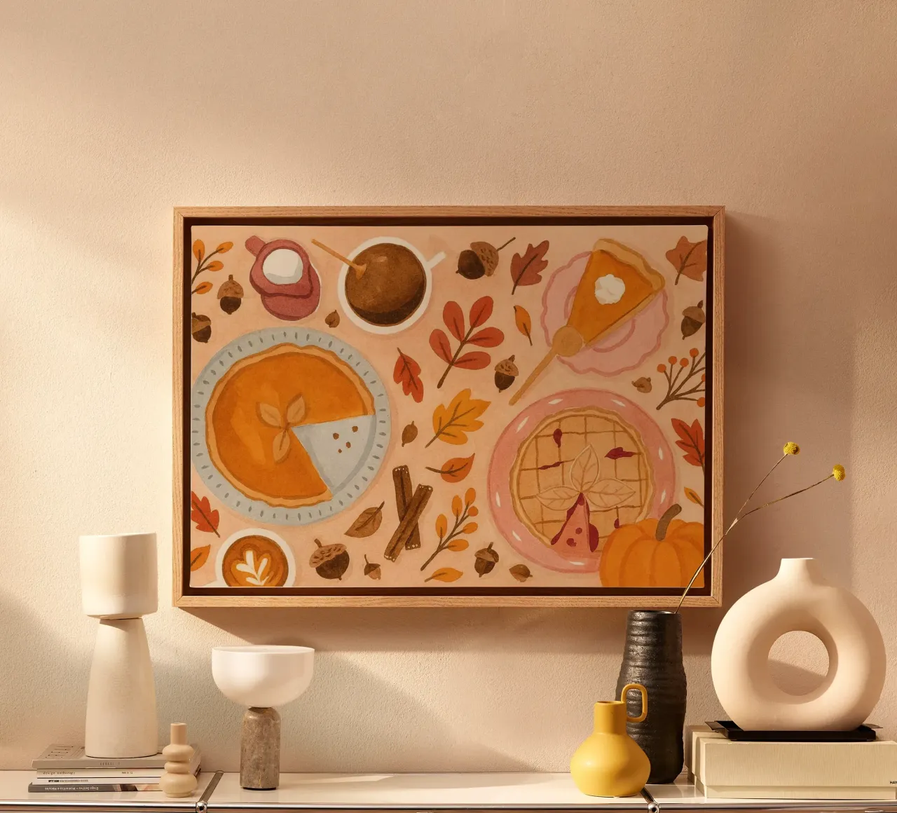 Thanksgiving Flat Lay Aquarel Kunst - Herfst Voedsel canvas met Baklijst van vintagepod