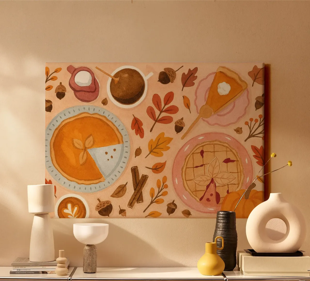 Thanksgiving Flat Lay Aquarel Kunst - Herfst Voedsel canvas met Baklijst van vintagepod