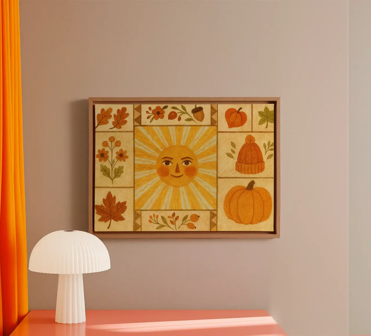Mosaico di piastrelle autunnali vintage con sole sorridente tela con Cornice a cassetta da vintagepod