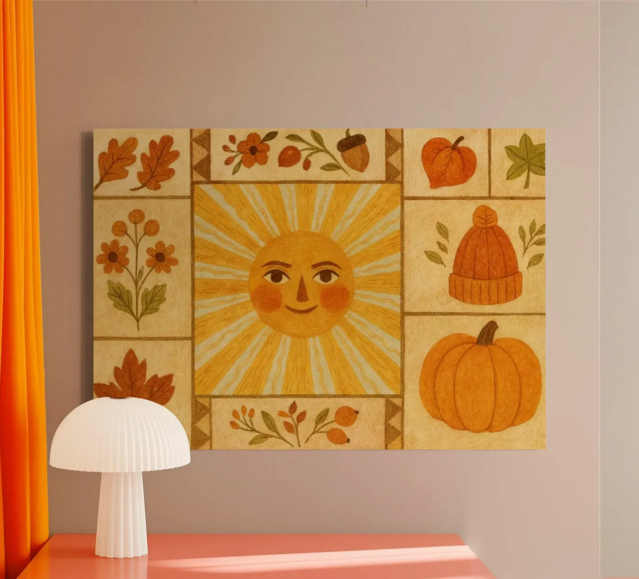 Mosaico di piastrelle autunnali vintage con sole sorridente tela con Cornice a cassetta da vintagepod