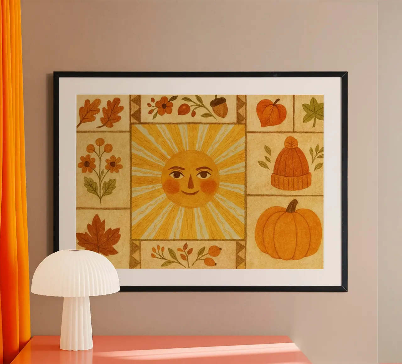 Mosaico di piastrelle autunnali vintage con sole sorridente poster con telaio in legno da vintagepod