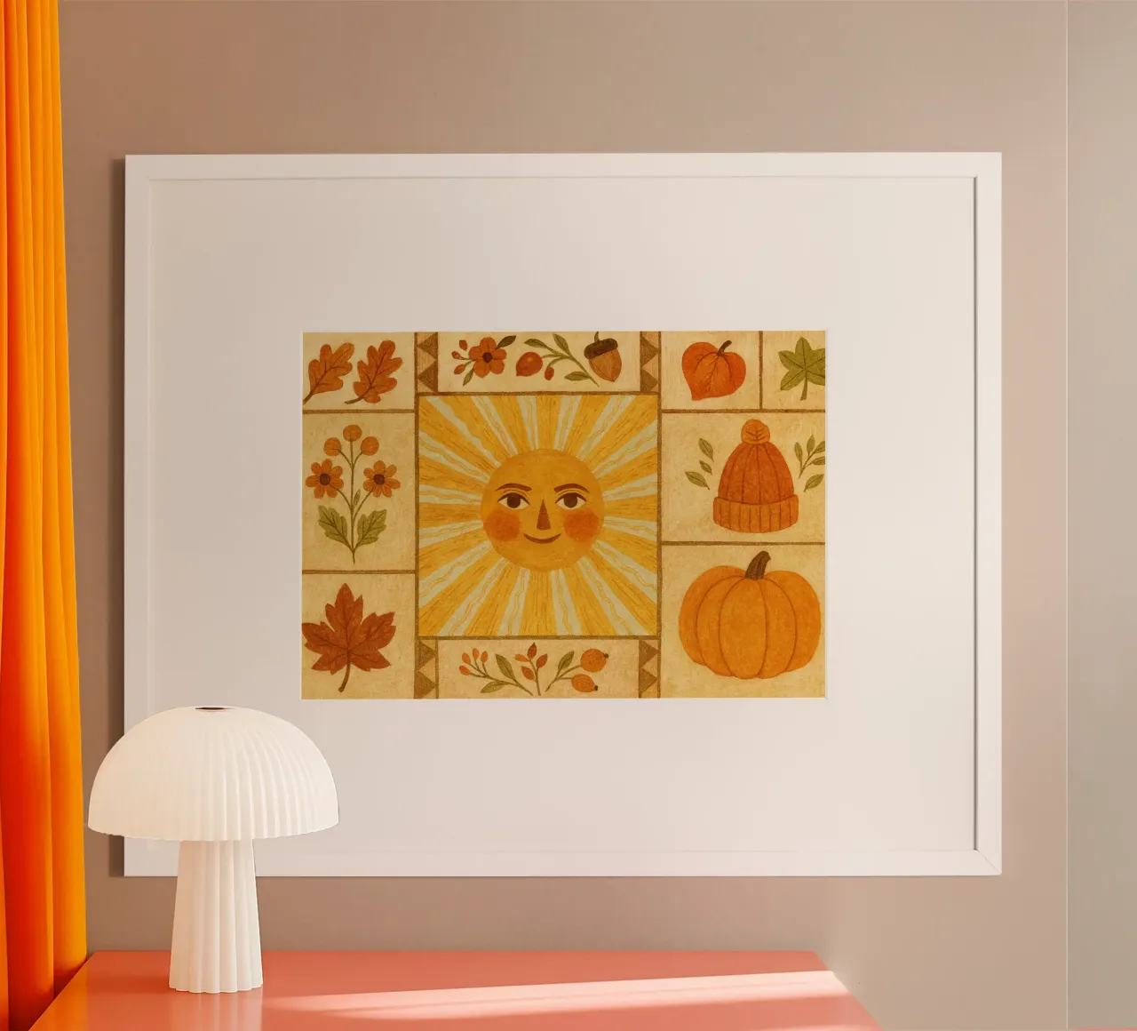 Mosaico di piastrelle autunnali vintage con sole sorridente poster con telaio in legno da vintagepod