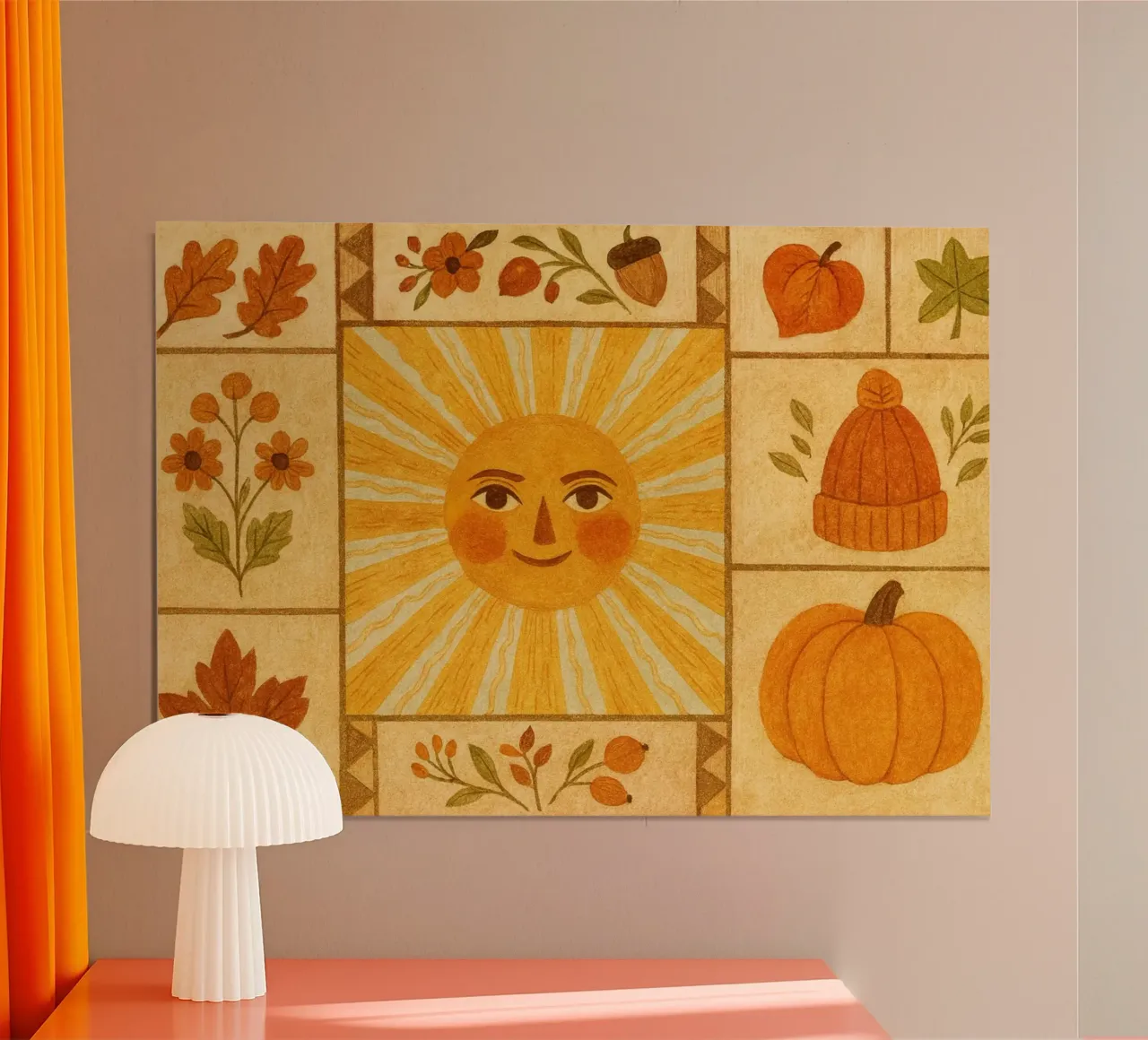 Mosaico di piastrelle autunnali vintage con sole sorridente poster con telaio in legno da vintagepod