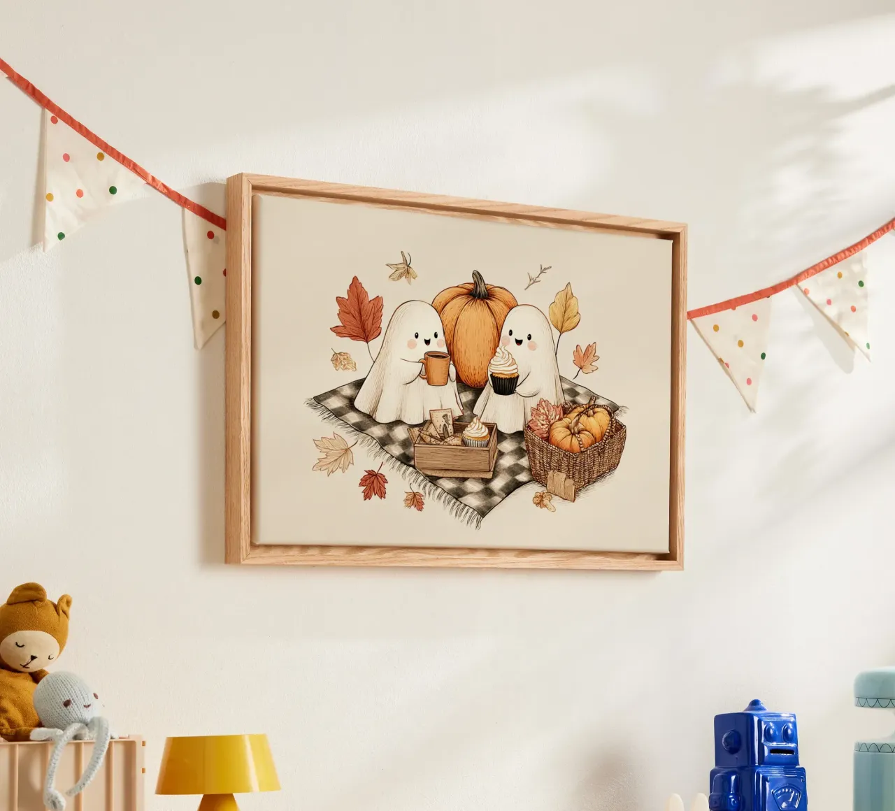 Niedliche Gespenster Herbst Picknick - Gemütliche Halloween Kunst Leinwand mit Schattenfugenrahmen von vintagepod