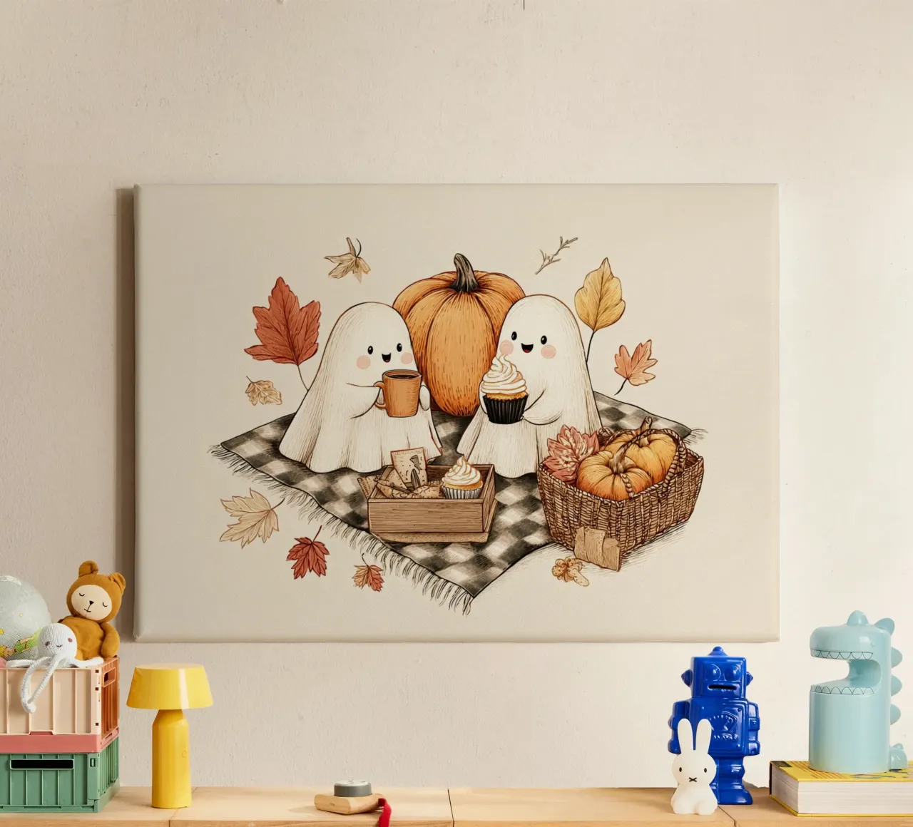 Niedliche Gespenster Herbst Picknick - Gemütliche Halloween Kunst Leinwand mit Schattenfugenrahmen von vintagepod