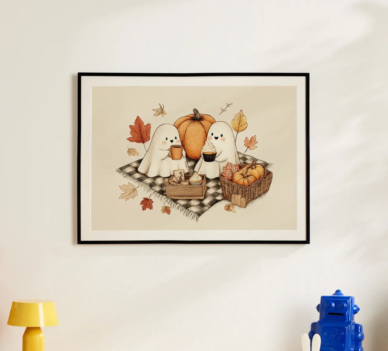 Picnic autunnale di fantasmi - Accogliente arte di Halloween poster con telaio in legno da vintagepod