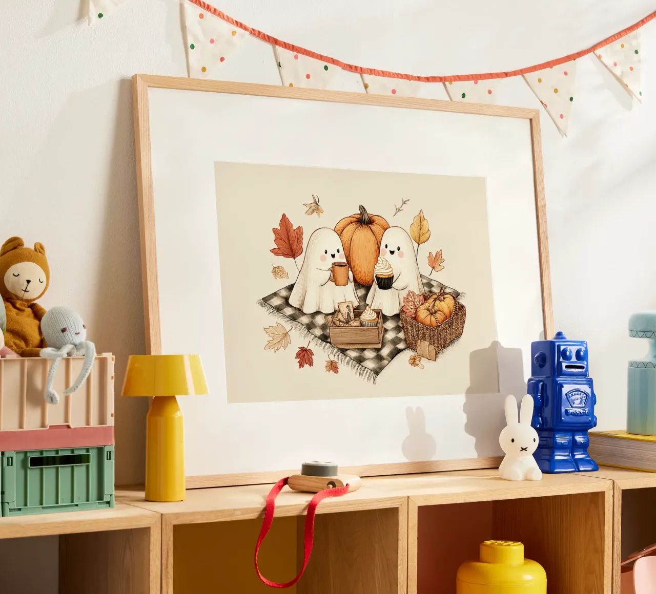 Picnic autunnale di fantasmi - Accogliente arte di Halloween poster con telaio in legno da vintagepod