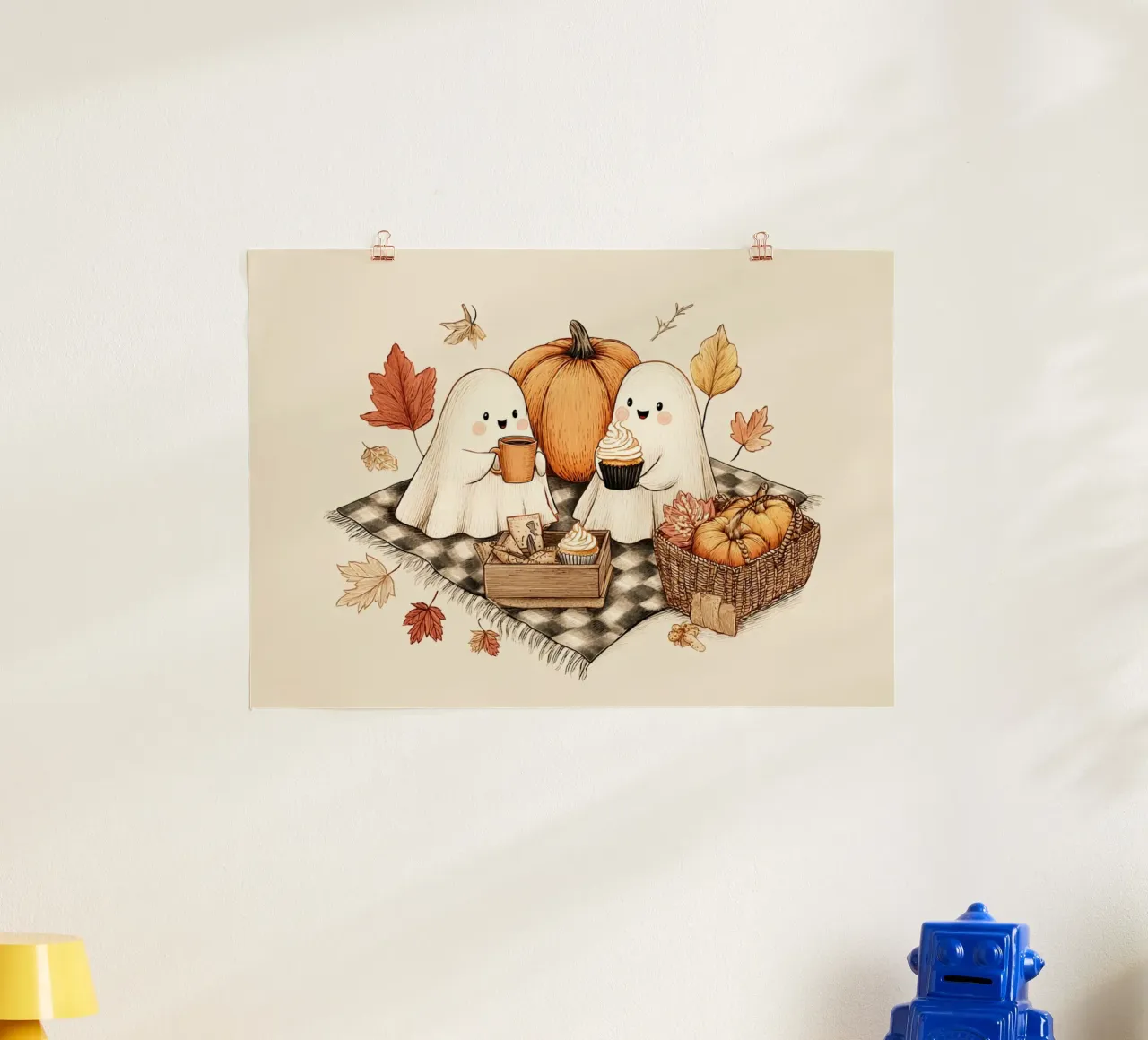 Picnic autunnale di fantasmi - Accogliente arte di Halloween poster con telaio in legno da vintagepod