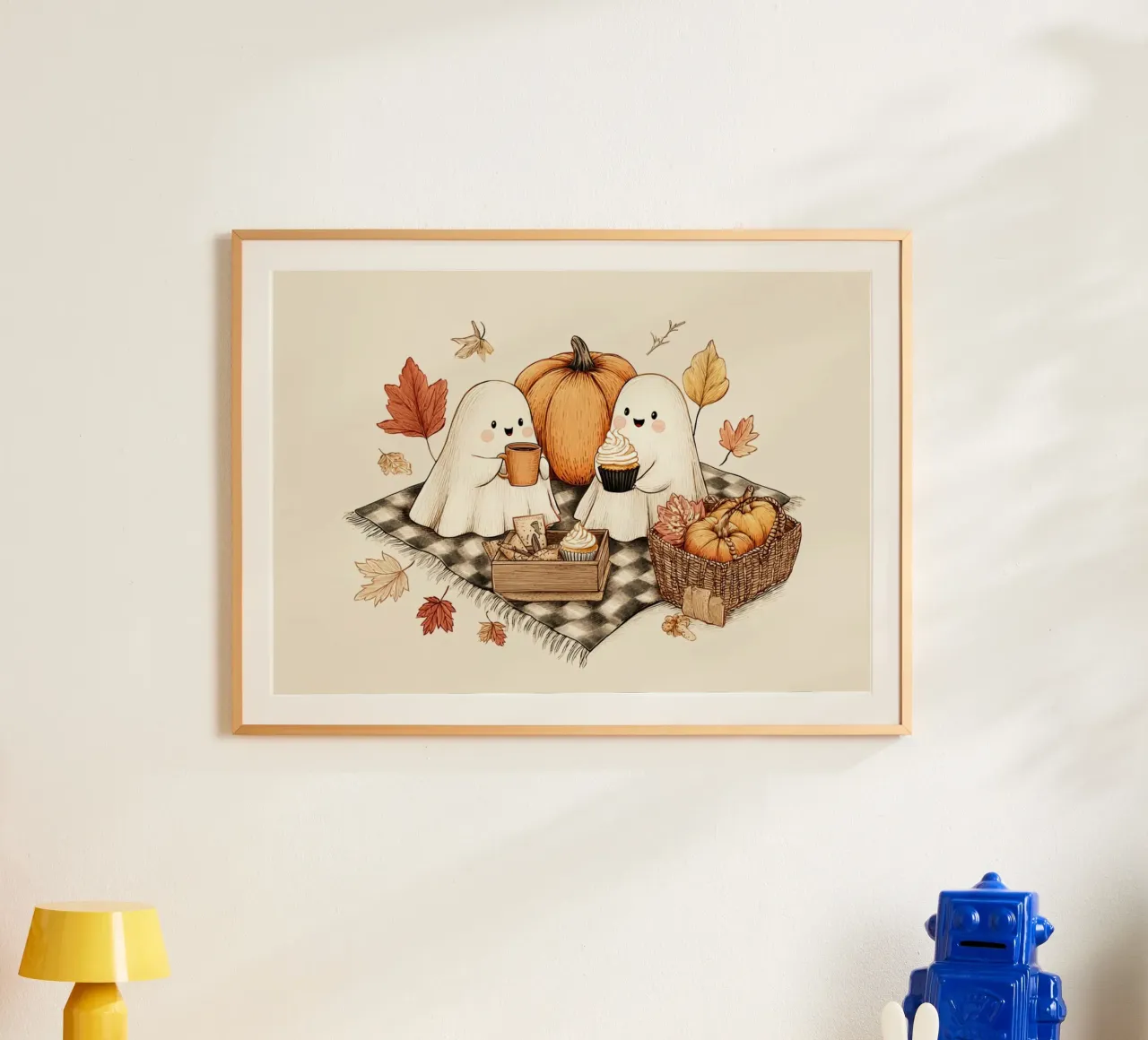 Picnic autunnale di fantasmi - Accogliente arte di Halloween poster con telaio in legno da vintagepod