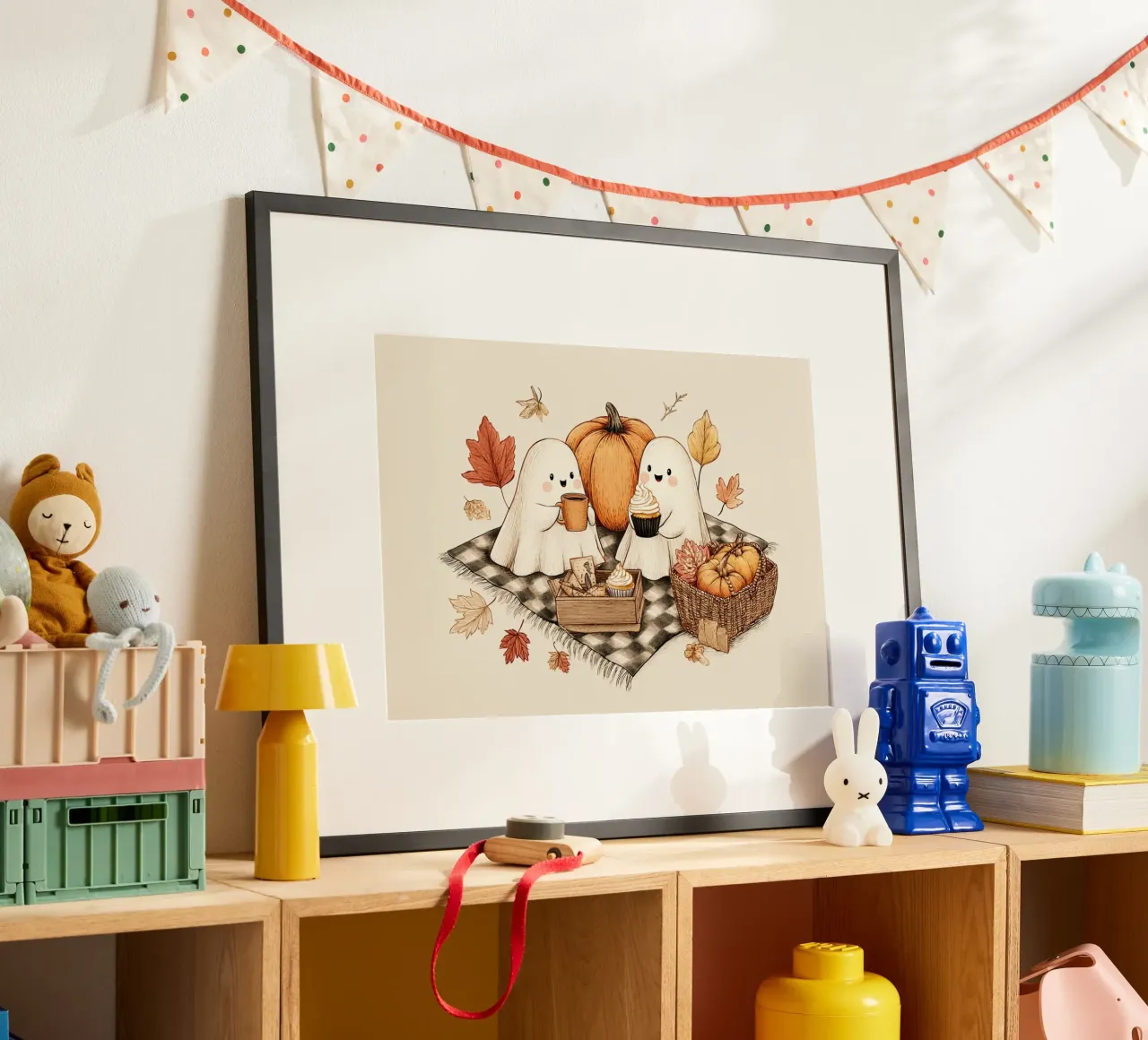 Picnic autunnale di fantasmi - Accogliente arte di Halloween poster con telaio in legno da vintagepod