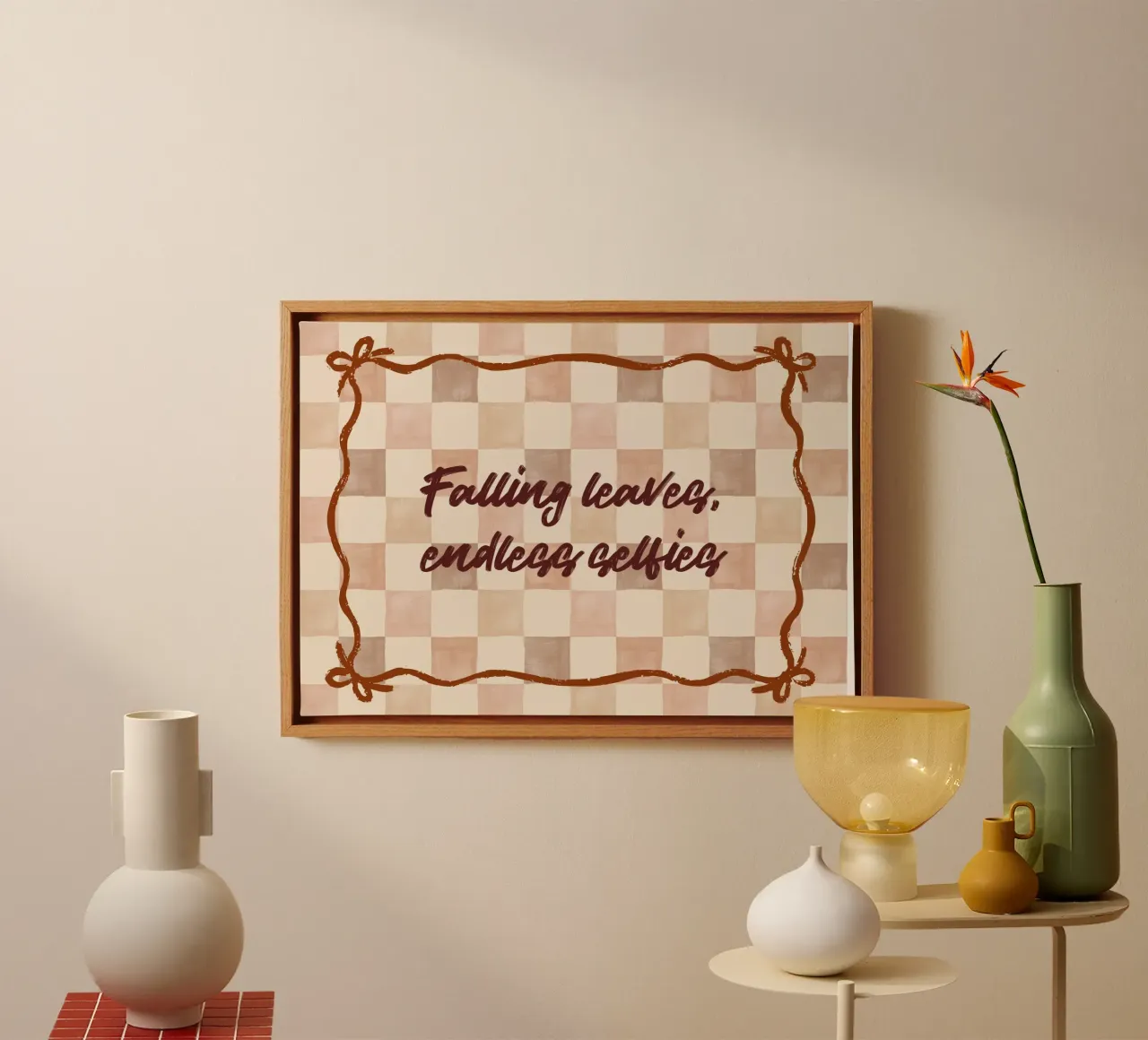 "Foglie che cadono, selfie infiniti" - Citazione divertente sull'autunno tela con Cornice a cassetta da vintagepod