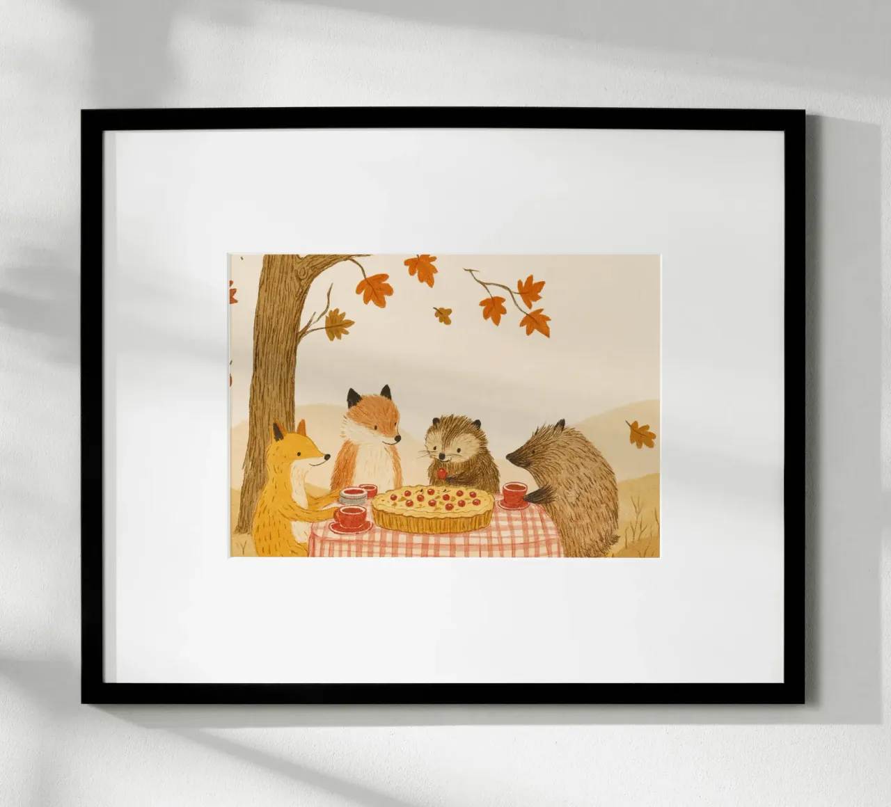 Animali della foresta carino autunno torta picnic illustrazione poster con telaio in alluminio da vintagepod
