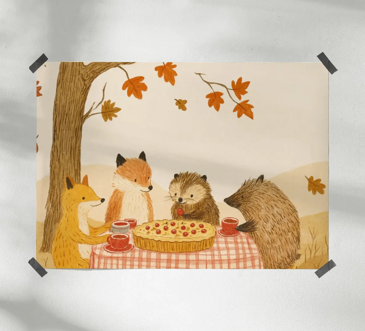 Animali della foresta carino autunno torta picnic illustrazione poster con telaio in alluminio da vintagepod