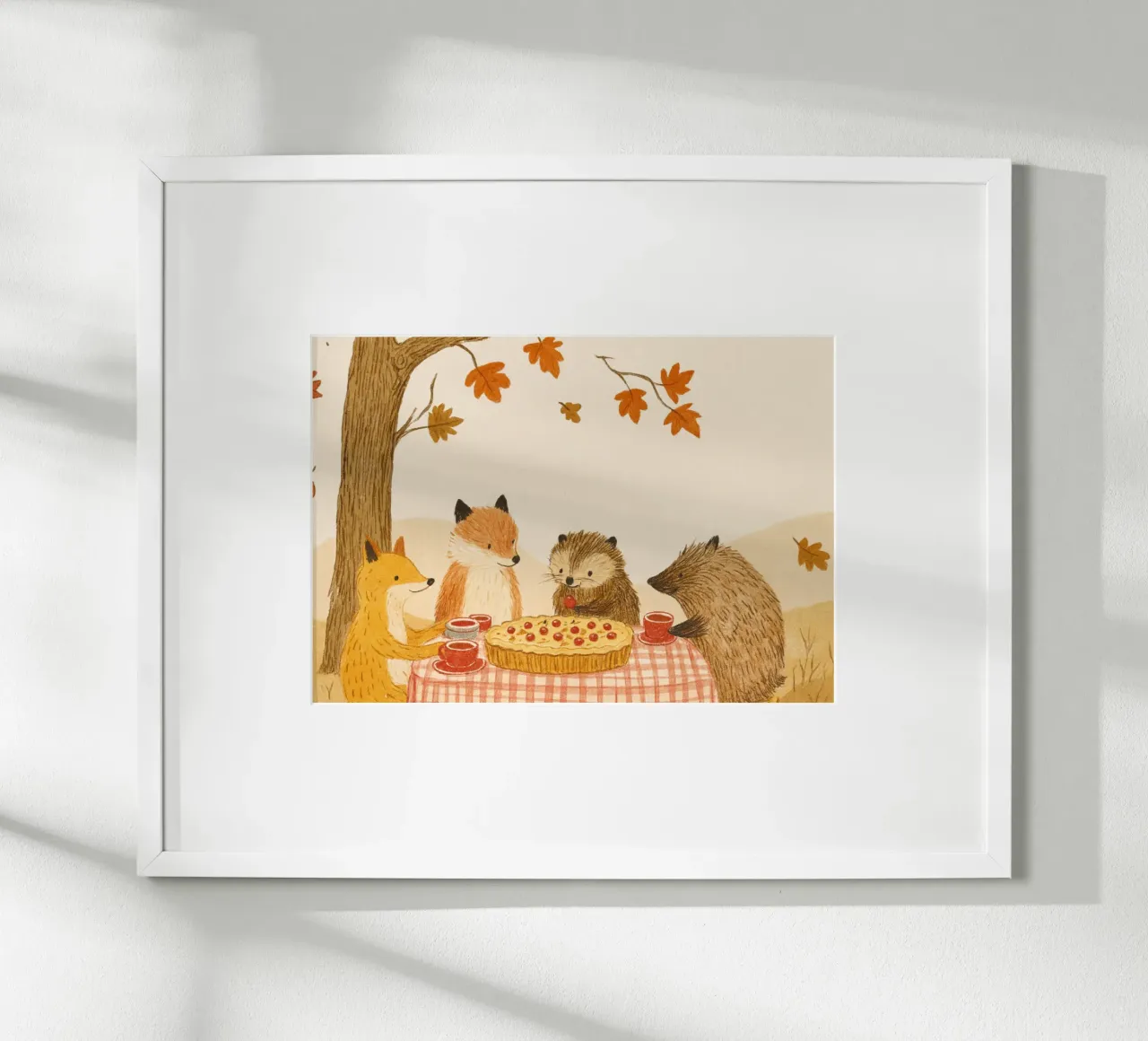 Animali della foresta carino autunno torta picnic illustrazione poster con telaio in alluminio da vintagepod
