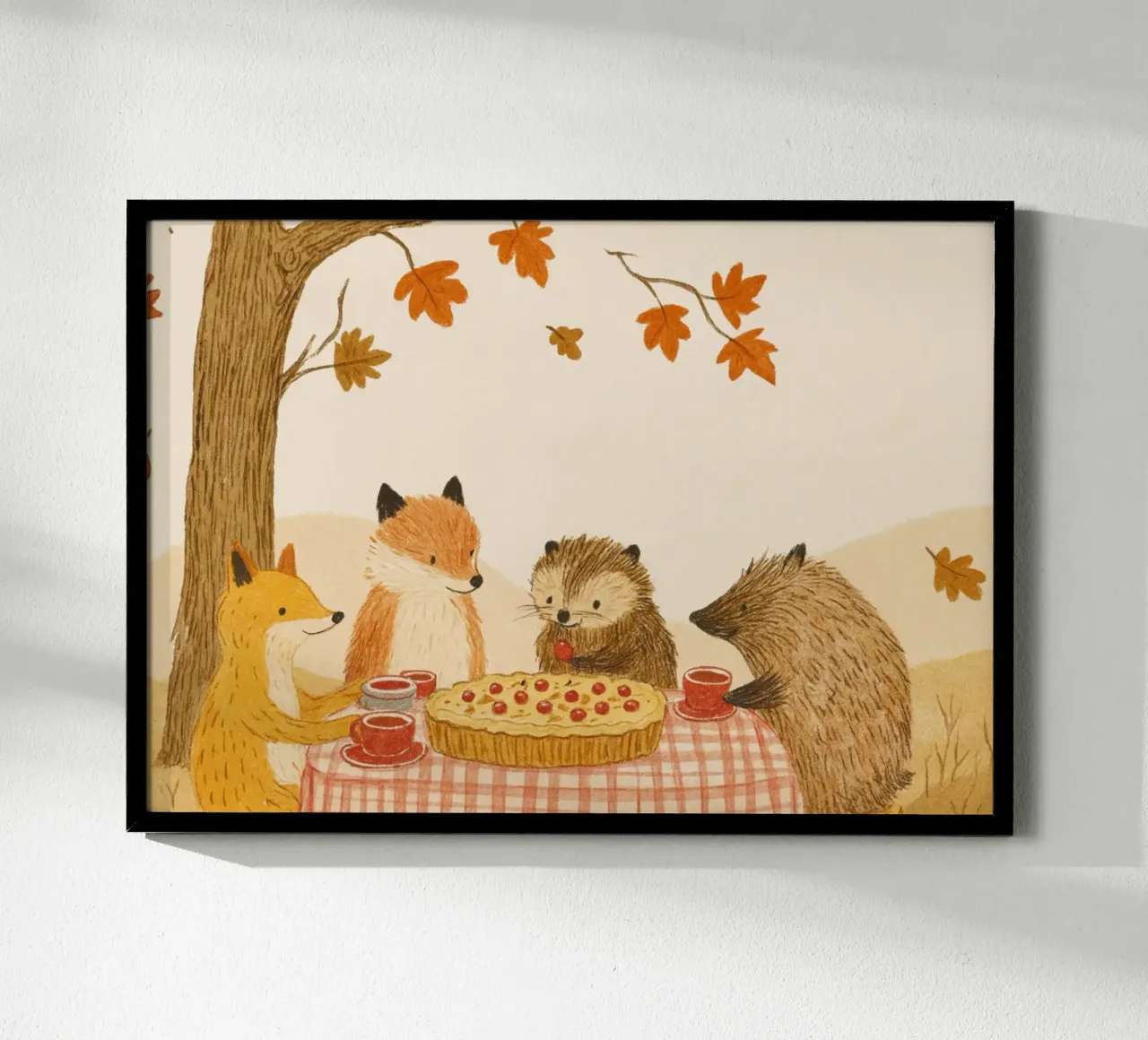 Animali della foresta carino autunno torta picnic illustrazione poster con telaio in alluminio da vintagepod