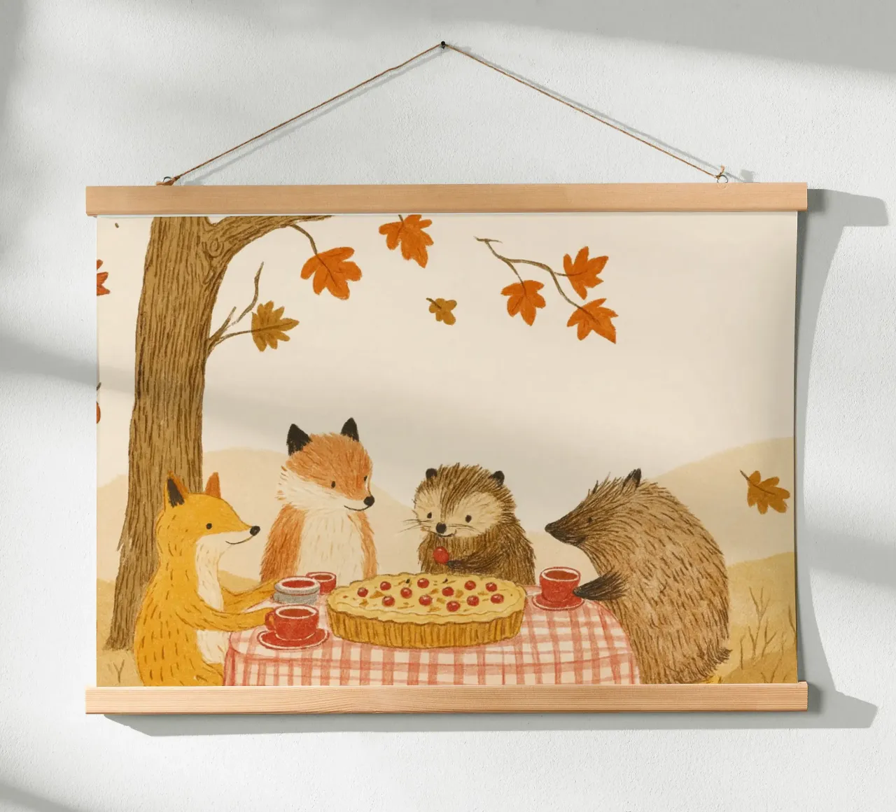 Animali della foresta carino autunno torta picnic illustrazione poster con telaio in alluminio da vintagepod