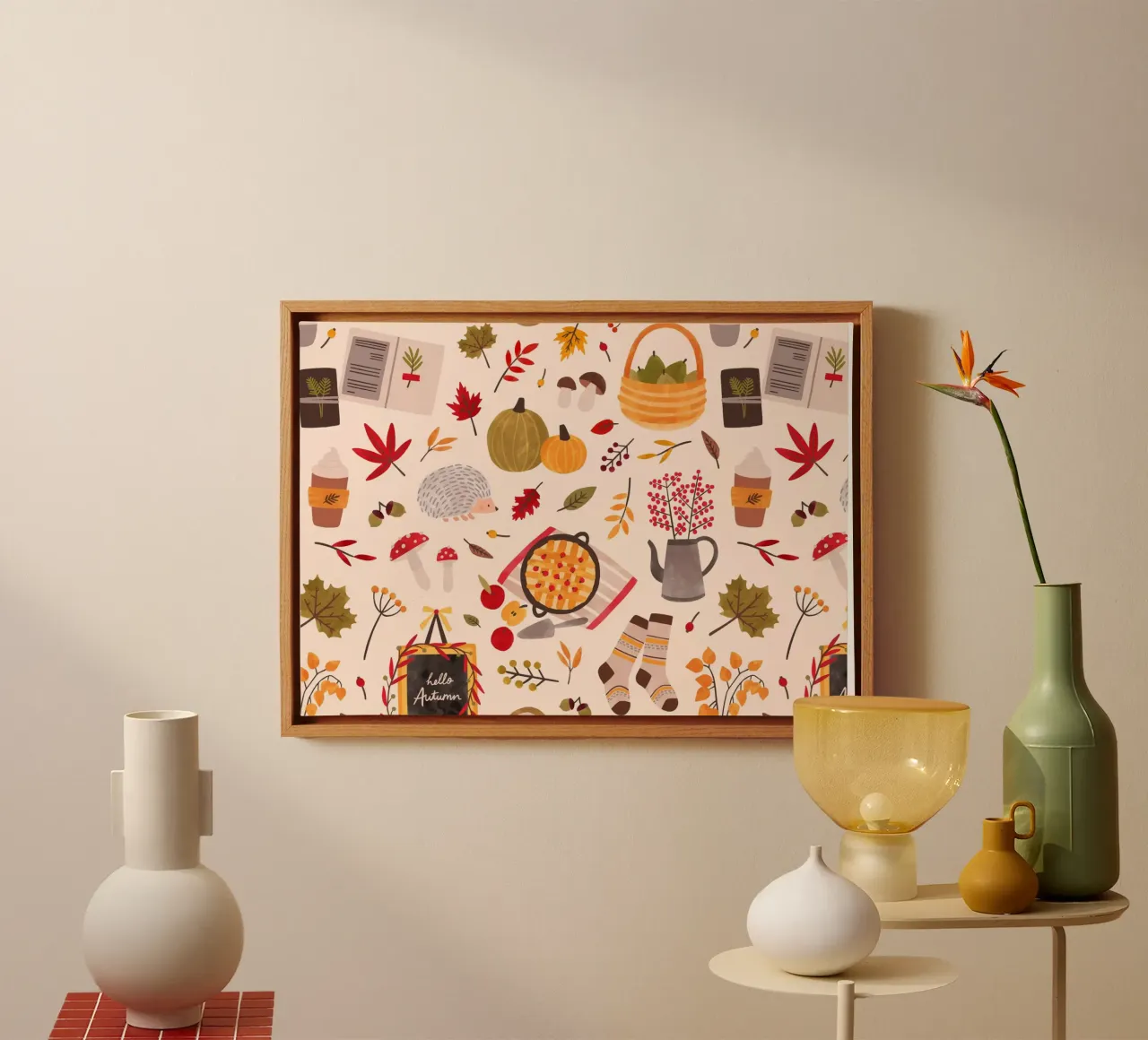 Herbst Ernte Nahtlose Muster - Herbst Vibes Kunst Leinwand mit Schattenfugenrahmen von vintagepod