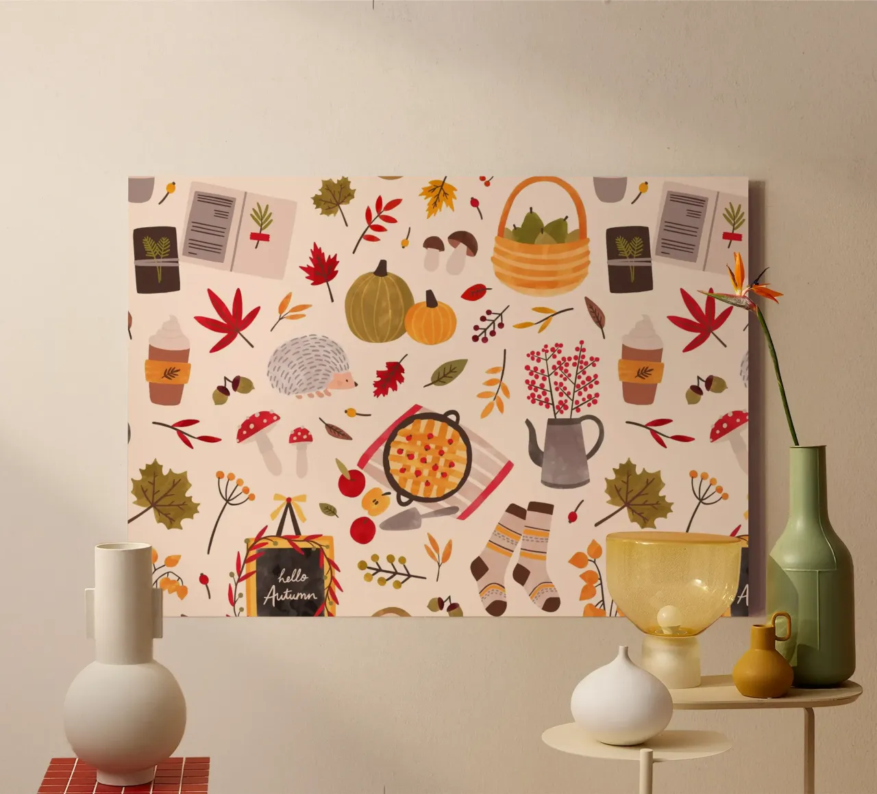 Herbst Ernte Nahtlose Muster - Herbst Vibes Kunst Leinwand mit Schattenfugenrahmen von vintagepod